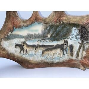 Vintage Faux Moose Antler Carved Raised Wolves Winter Scene Rustic Home Decor